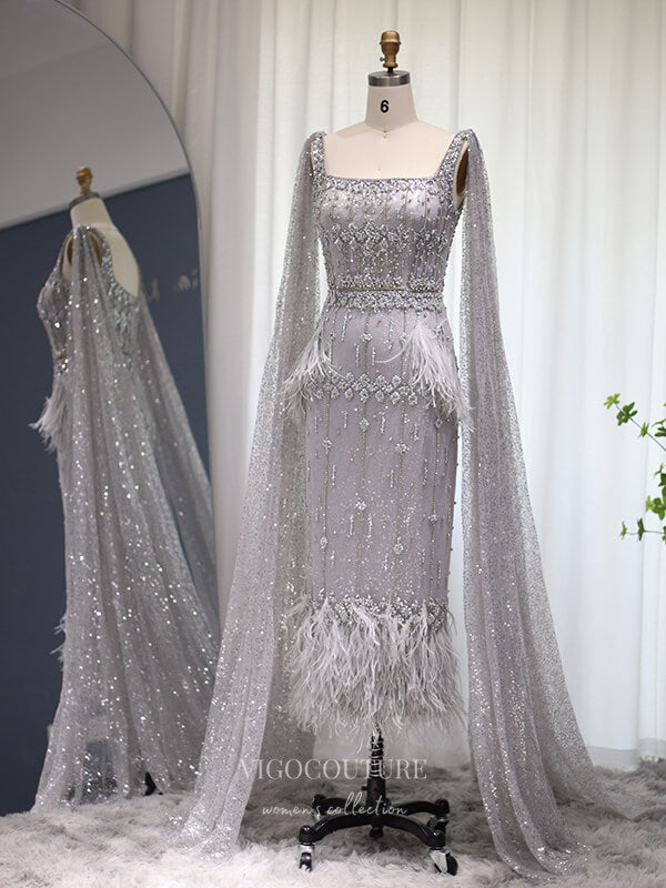 Beaded Tea-Length Prom Dresses Cape Sleeve Evening Dress 22122-Prom Dresses-vigocouture-Silver-US2-vigocouture
