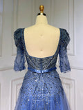 Beaded Tea-Length Prom Dresses Elbow Sleeve Formal Dress 22104-Prom Dresses-vigocouture-Blue-US2-vigocouture