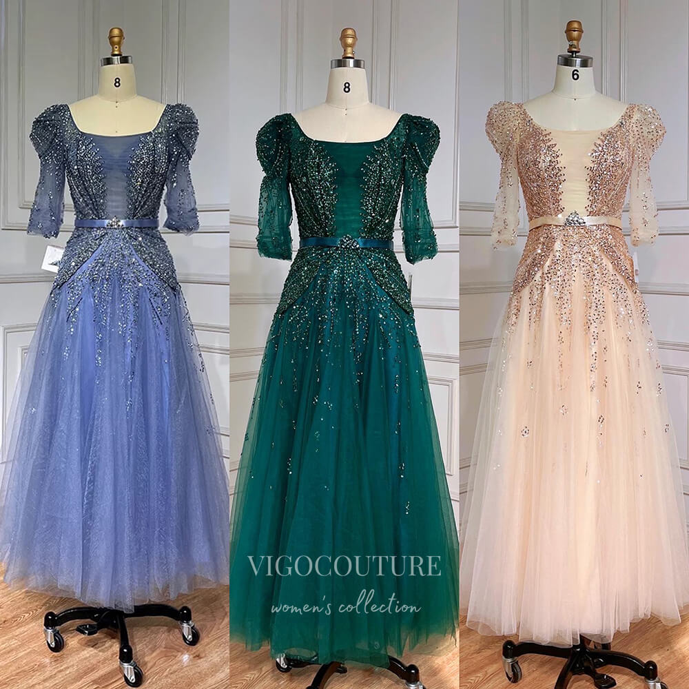 Beaded Tea-Length Prom Dresses Elbow Sleeve Formal Dress 22104-Prom Dresses-vigocouture-Blue-US2-vigocouture