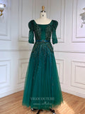 Beaded Tea-Length Prom Dresses Elbow Sleeve Formal Dress 22104-Prom Dresses-vigocouture-Green-US2-vigocouture