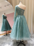Beaded Tea-Length Prom Dresses One Shoulder Long Sleeve Evening Dress 22161-Prom Dresses-vigocouture-Light Green-US2-vigocouture
