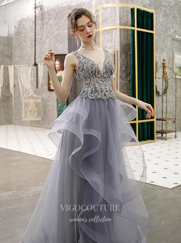 vigocouture-Beaded Tiered Prom Dress 20215-Prom Dresses-vigocouture-Grey-US2-