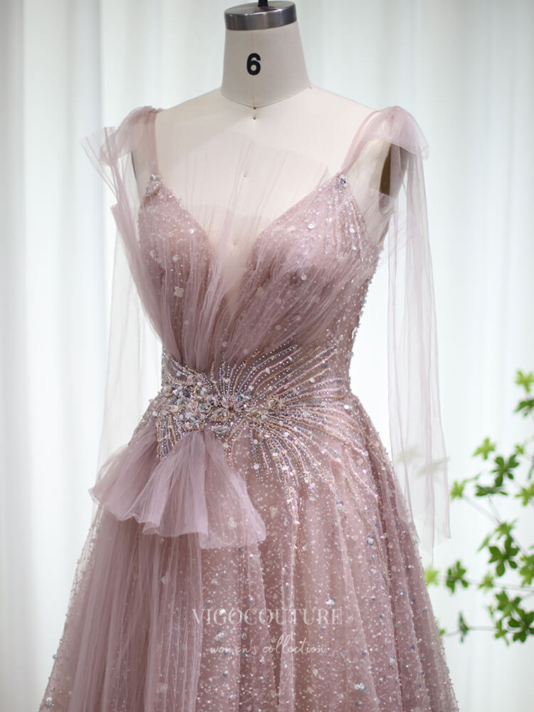 Beaded Tulle Prom Dresses Spaghetti Strap Formal Dress 22163-Prom Dresses-vigocouture-Pink-US2-vigocouture