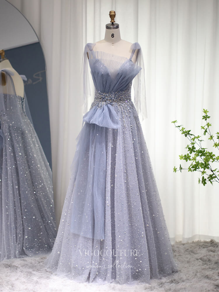 Beaded Tulle Prom Dresses Spaghetti Strap Formal Dress 22163-Prom Dresses-vigocouture-Dusty Blue-US2-vigocouture
