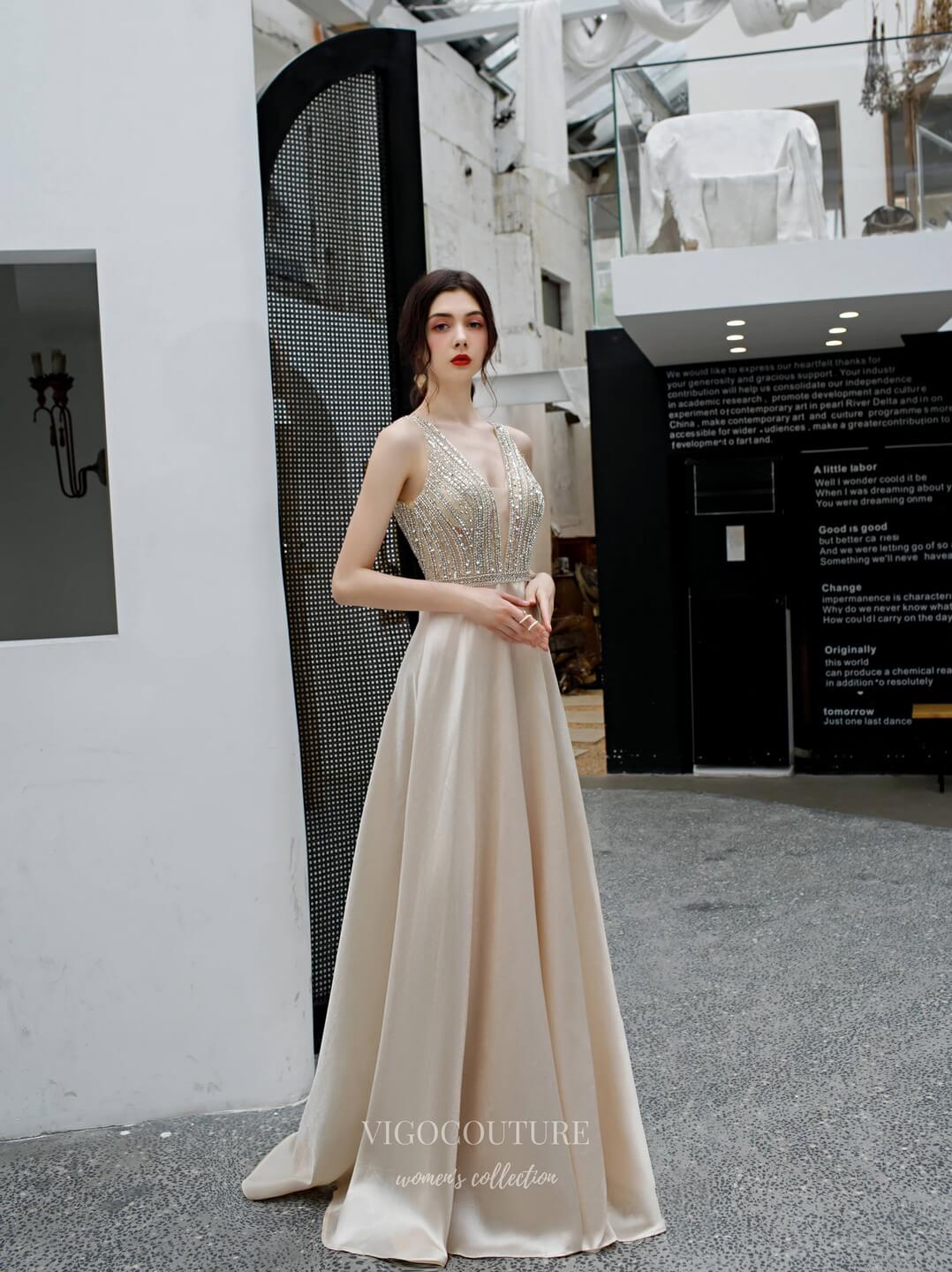 vigocouture-Beaded V-Neck Prom Dress 20220-Prom Dresses-vigocouture-Champagne-US2-