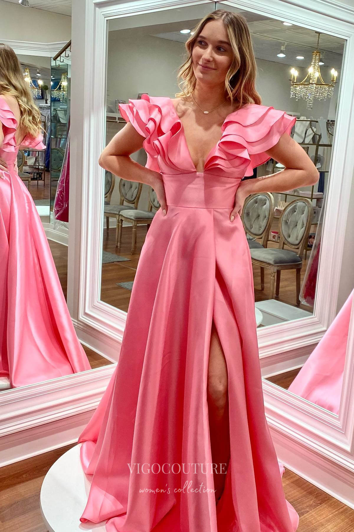 Beautiful Pink Satin Prom Dress with Flattering Slit and Ruffled Shoulder Detail 22191-Prom Dresses-vigocouture-Pink-Custom Size-vigocouture