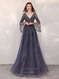 vigocouture-Bell Sleeve Beaded V-Neck Prom Dress 20256-Prom Dresses-vigocouture-