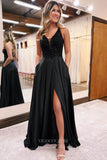 Black A-Line Prom Dress with Beaded Bodice, Satin Bottom, Slit, Pockets, and Plunging V-Neck 22182