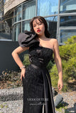 Black Beaded Mermaid Prom Dress with One Shoulder and Black Satin Train 22254-Prom Dresses-vigocouture-Black-US2-vigocouture