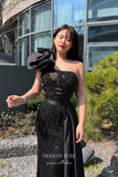 Black Beaded Mermaid Prom Dress with One Shoulder and Black Satin Train 22254-Prom Dresses-vigocouture-Black-US2-vigocouture