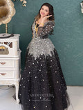 vigocouture-Black Beaded Prom Dresses Long Sleeve Formal Dresses 21229-Prom Dresses-vigocouture-Black-US2-