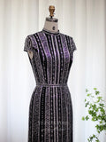 Black Beaded Sheath Prom Dresses High Neck Cap Sleeve Evening Dress 22164-Prom Dresses-vigocouture-Black-US2-vigocouture