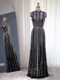 Black Beaded Sheath Prom Dresses High Neck Cap Sleeve Evening Dress 22164