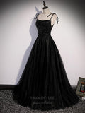 vigocouture-Black Beaded Spaghetti Strap Prom Dress 20898-Prom Dresses-vigocouture-