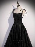 vigocouture-Black Beaded Spaghetti Strap Prom Dress 20898-Prom Dresses-vigocouture-