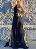 vigocouture-Black Chiffon Plunging V-Neck Prom Dress 20961-Prom Dresses-vigocouture-
