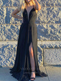 vigocouture-Black Chiffon Plunging V-Neck Prom Dress 20961-Prom Dresses-vigocouture-Black-US2-