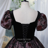 Black Floral Prom Dress with Puffed Sleeve and Velvet Bodice 22291-Prom Dresses-vigocouture-Black-Custom Size-vigocouture