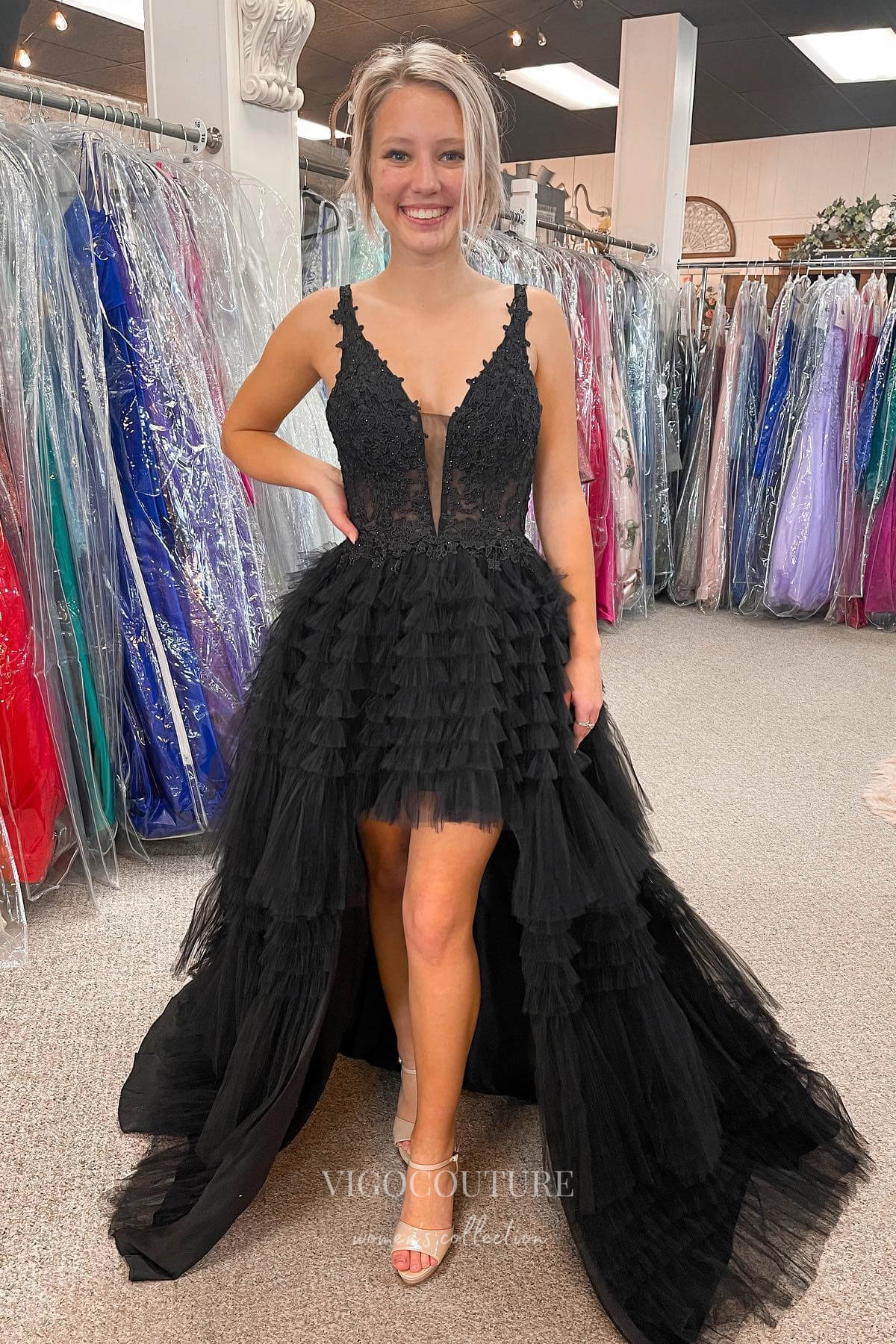 Black High-Low Spaghetti Strap Prom Dress with Lace Applique Bodice and Ruffled Bottom 22203-Prom Dresses-vigocouture-Black-US2-vigocouture