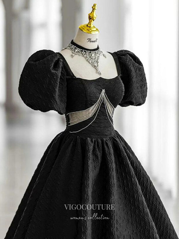 vigocouture-Black Jacquard Prom Dresses Puffed Sleeve Formal Dresses 21443-Prom Dresses-vigocouture-