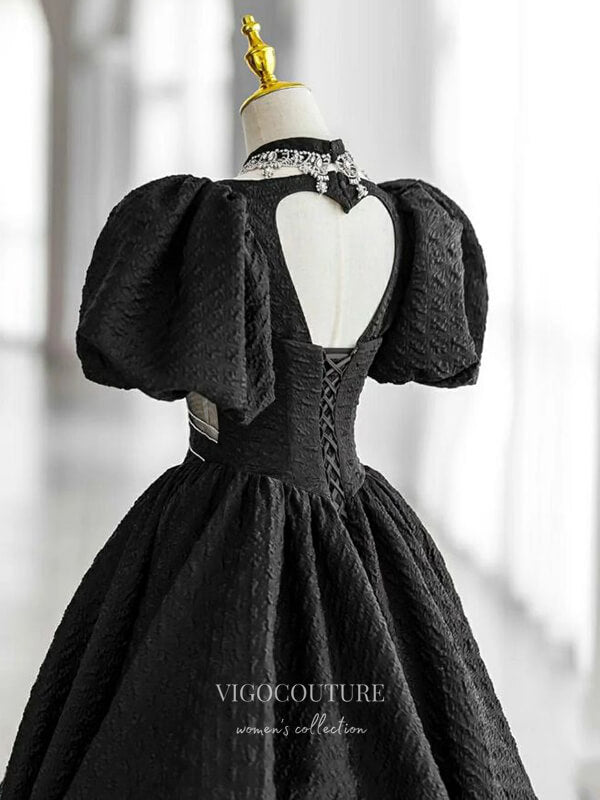 vigocouture-Black Jacquard Prom Dresses Puffed Sleeve Formal Dresses 21443-Prom Dresses-vigocouture-