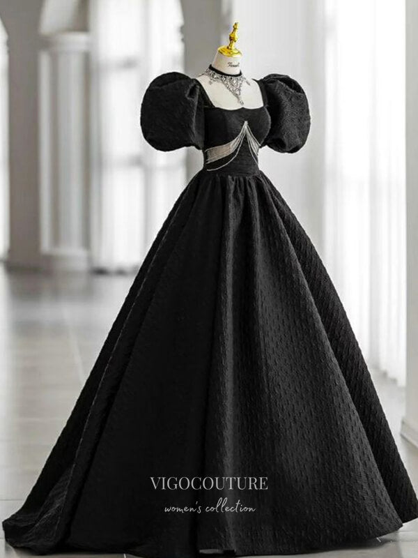 vigocouture-Black Jacquard Prom Dresses Puffed Sleeve Formal Dresses 21443-Prom Dresses-vigocouture-Black-Custom Size-