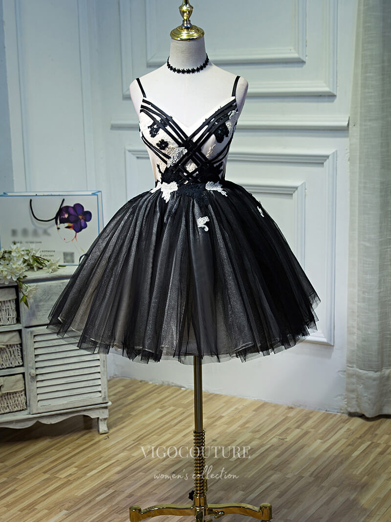 vigocouture-Black Lace Applique Homecoming Dresses Spaghetti Strap Dama Dresses hc096-Prom Dresses-vigocouture-Black-US2-