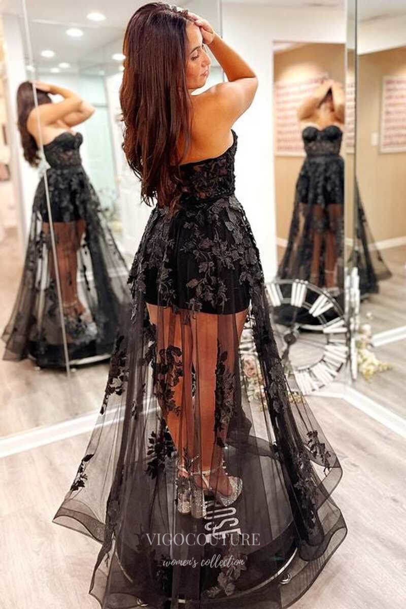 Black Lace Applique Prom Dresses Strapless Formal Gown 21926-Prom Dresses-vigocouture-Black-US2-vigocouture
