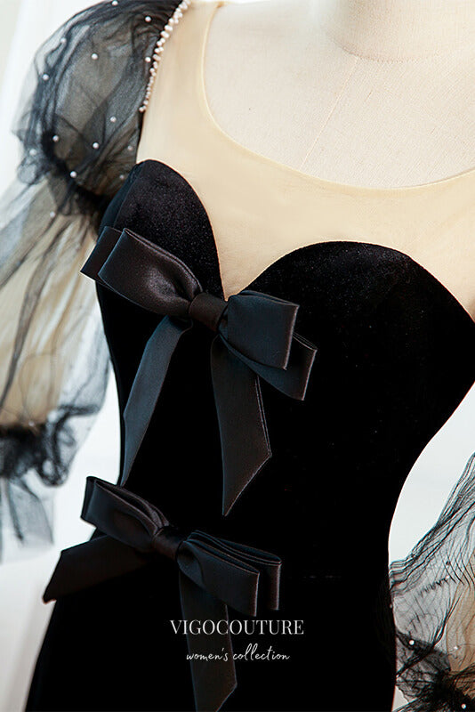 vigocouture-Black Long Puffed Sleeve Formal Dress Mermaid Bow-Tie Prom Dresses 21672-Prom Dresses-vigocouture-