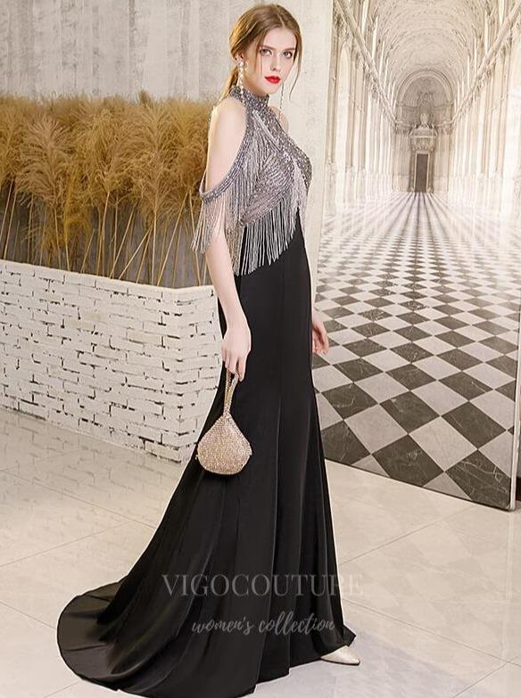vigocouture-Black Mermaid Halter Neck Beaded Prom Dress 20268-Prom Dresses-vigocouture-Black-US2-