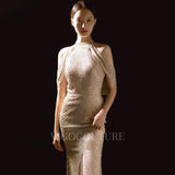 vigocouture-Black Mermaid High Neck Prom Dresses Middle Slit Evening Dresses 20066-Prom Dresses-vigocouture-