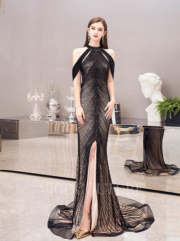 vigocouture-Black Mermaid High Neck Prom Dresses Middle Slit Evening Dresses 20066-Prom Dresses-vigocouture-Black-US2-
