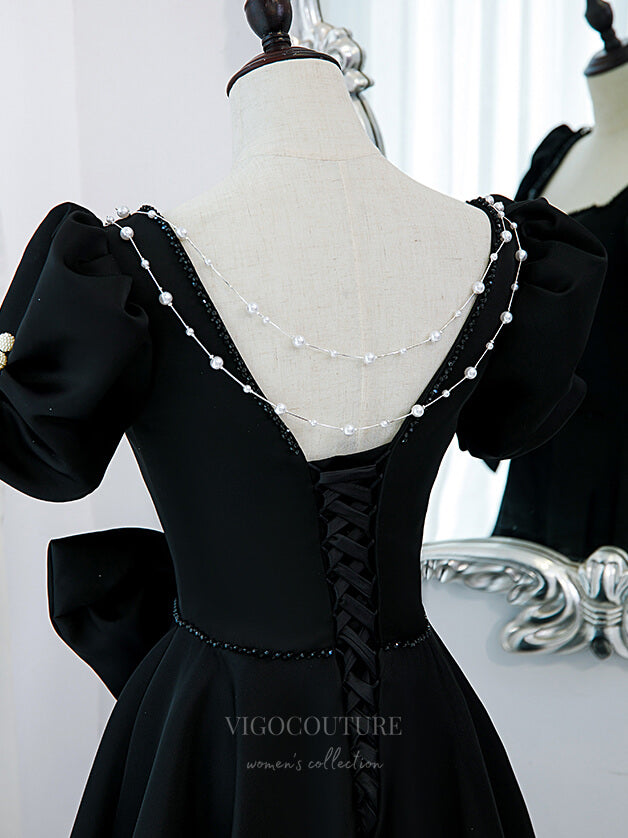 vigocouture-Black Puffed Sleeve Satin A-Line Prom Dress 20884-Prom Dresses-vigocouture-