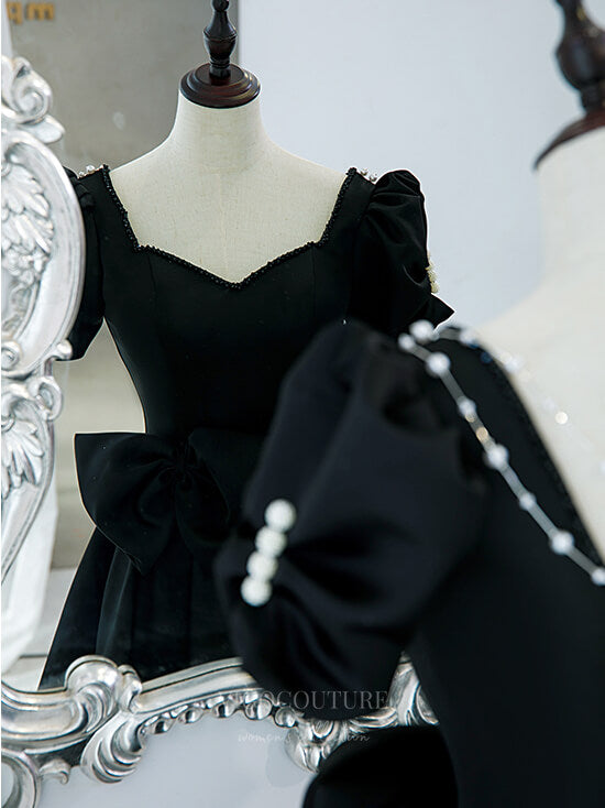 vigocouture-Black Puffed Sleeve Satin A-Line Prom Dress 20884-Prom Dresses-vigocouture-