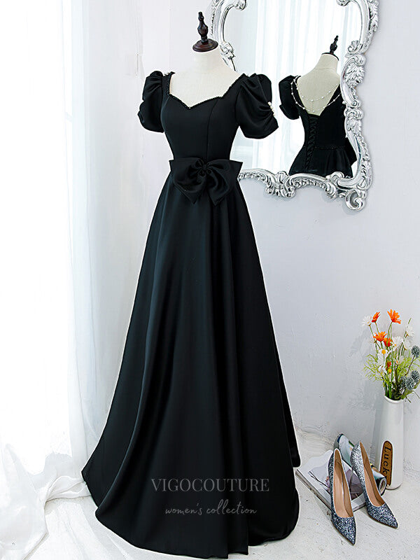 vigocouture-Black Puffed Sleeve Satin A-Line Prom Dress 20884-Prom Dresses-vigocouture-Black-Custom Size-