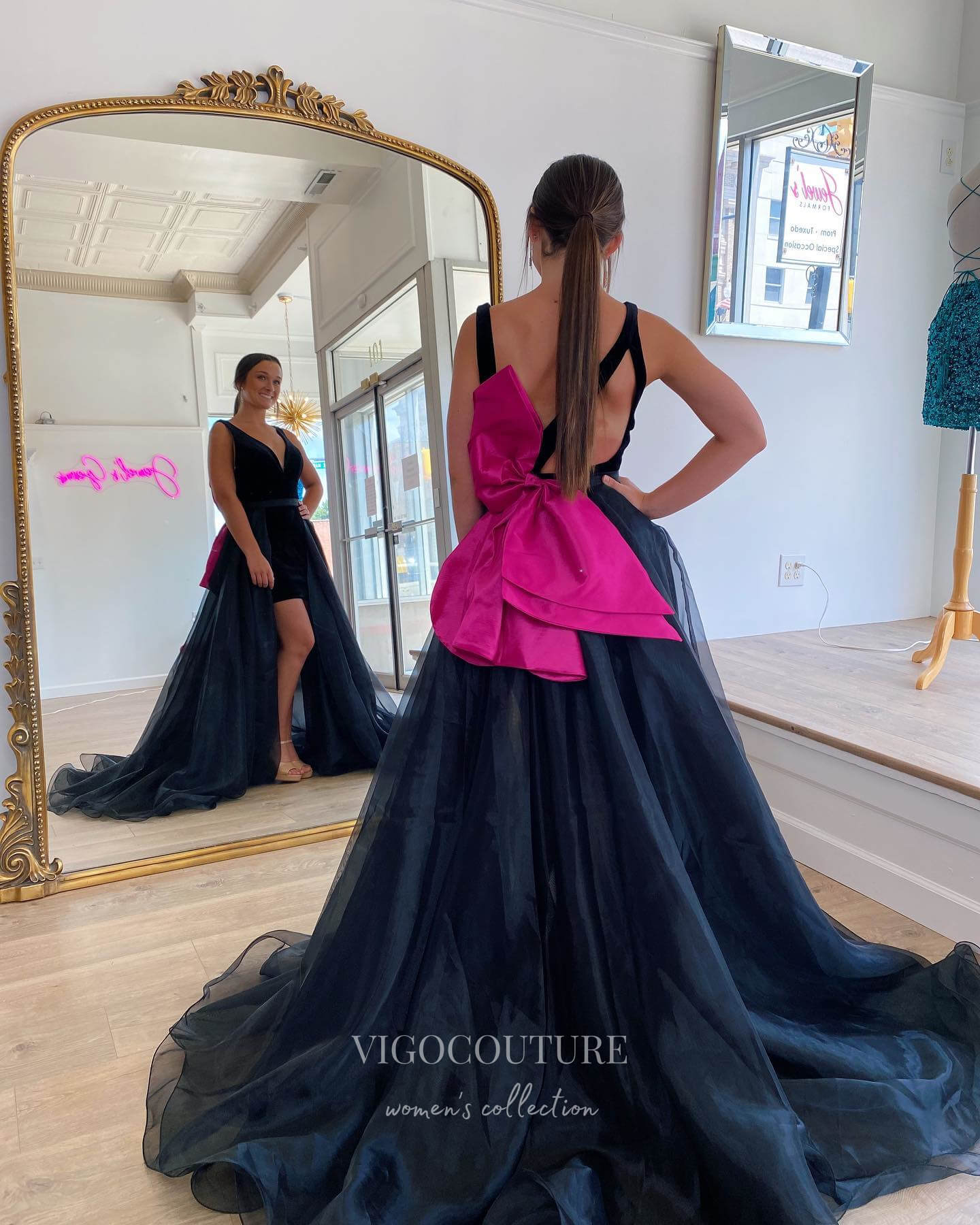 vigocouture-Black Removable Train Prom Dresses Bow-Tie V-Neck Evening Dress 21799-Prom Dresses-vigocouture-