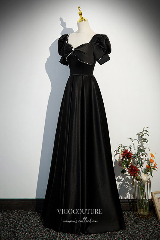 Black Satin Prom Dress with Beaded Puffed Sleeve 22319-Prom Dresses-vigocouture-Black-Custom Size-vigocouture