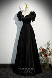 Black Satin Prom Dress with Puffed Sleeve 22318-Prom Dresses-vigocouture-Black-Custom Size-vigocouture
