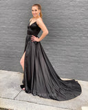 Black Satin Prom Dresses with Slit Spaghetti Strap Evening Dress 21981-Prom Dresses-vigocouture-Black-US2-vigocouture
