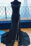 Black Satin Prom Dresses with Slit Spaghetti Strap Mermaid Evening Dress 21940-Prom Dresses-vigocouture-Black-US2-vigocouture