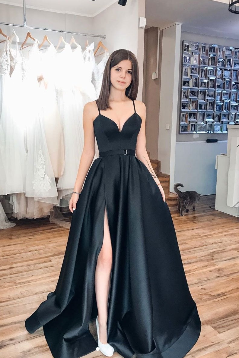 vigocouture-Black Satin Spaghetti Strap Prom Dress 20387-Prom Dresses-vigocouture-