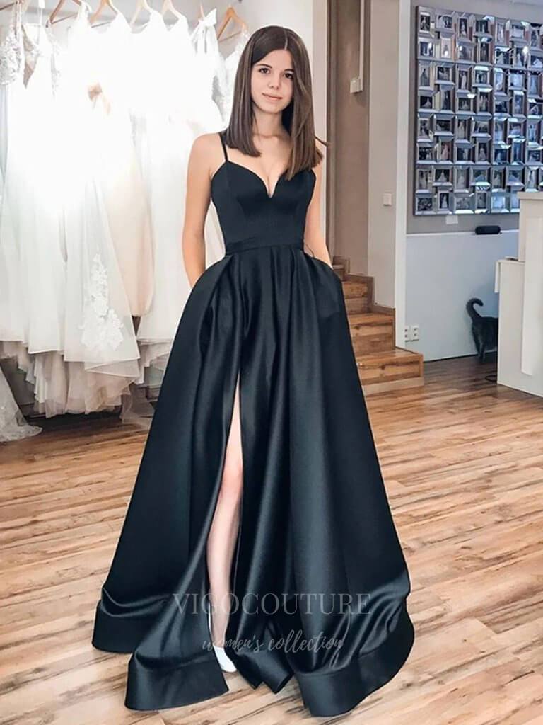 vigocouture-Black Satin Spaghetti Strap Prom Dress 20387-Prom Dresses-vigocouture-Black-US2-