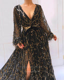 vigocouture-Black Sequin Long Sleeve Prom Dress 20989-Prom Dresses-vigocouture-