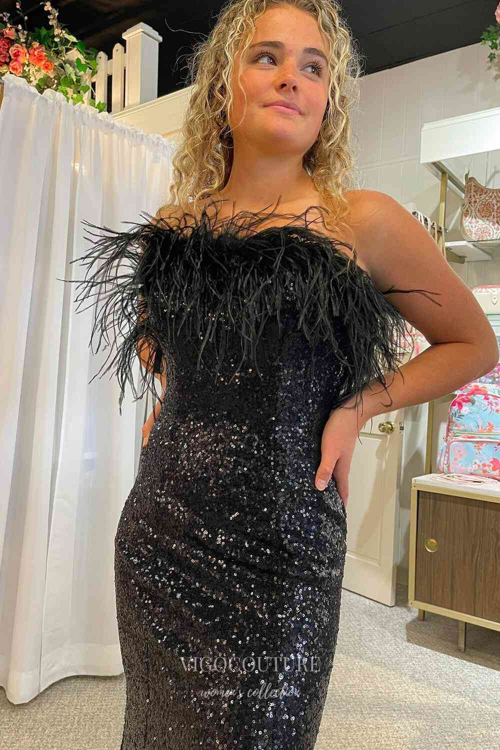 Black Sequin Prom Dresses with Slit Strapless Feather Evening Dress 21896-Prom Dresses-vigocouture-Black-US2-vigocouture
