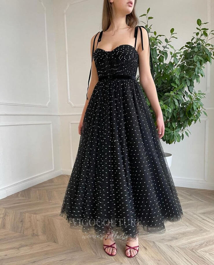 vigocouture-Black Spaghetti Strap Maxi Dress Dotted Prom Dress 20985-Prom Dresses-vigocouture-Black-US2-