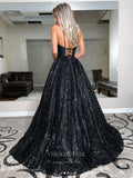 vigocouture-Black Spaghetti Strap Prom Dresses Sparkly Tulle Evening Dress 21736-Prom Dresses-vigocouture-