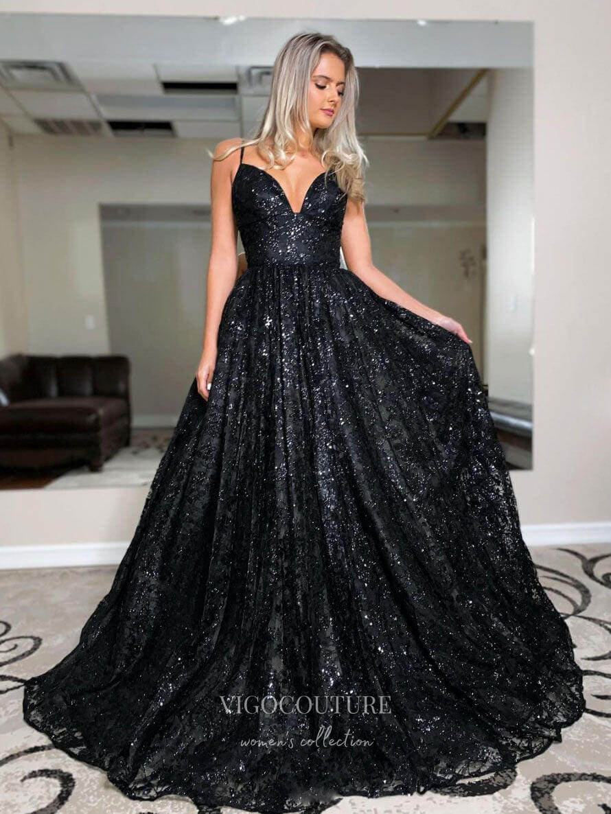 vigocouture-Black Spaghetti Strap Prom Dresses Sparkly Tulle Evening Dress 21736-Prom Dresses-vigocouture-Black-US2-