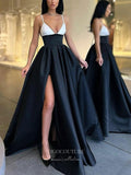 vigocouture-Black Spaghetti Strap Prom Dresses With Slit Satin A-Line Evening Dress 21735-Prom Dresses-vigocouture-Black-US2-