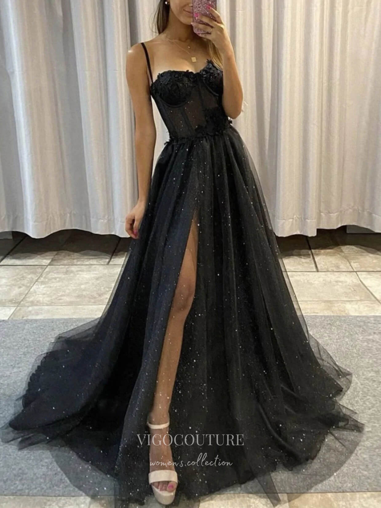 vigocouture-Black Spaghetti Strap Prom Dresses With Slit Sparkly Tulle Evening Dress 21710-Prom Dresses-vigocouture-