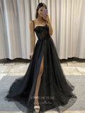 vigocouture-Black Spaghetti Strap Prom Dresses With Slit Sparkly Tulle Evening Dress 21710-Prom Dresses-vigocouture-Black-US2-